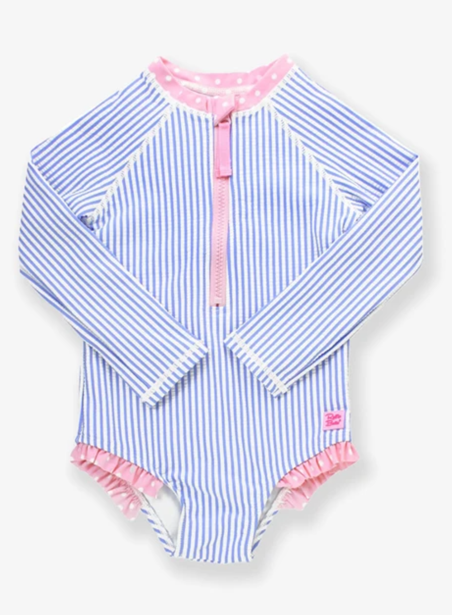 Periwinkle Blue Seersucker Girls Long Sleeve One Piece Rash Guard