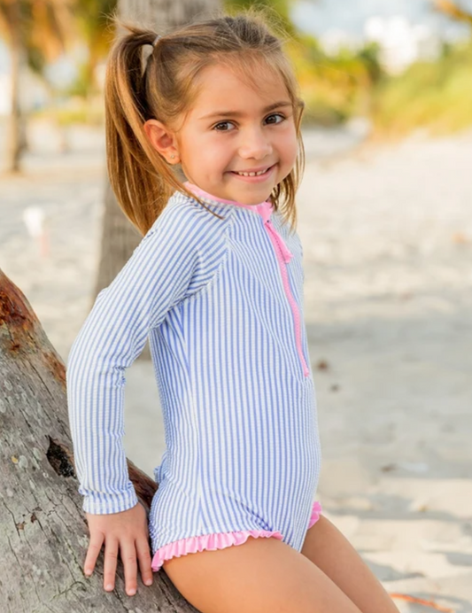 Periwinkle Blue Seersucker Girls Long Sleeve One Piece Rash Guard