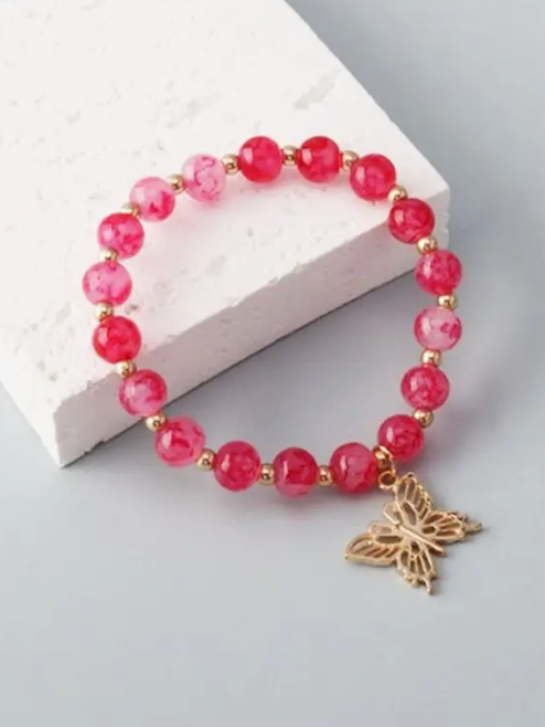 Butterfly Charm Glass Bead Bracelet