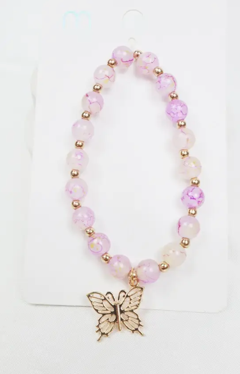 Butterfly Charm Glass Bead Bracelet