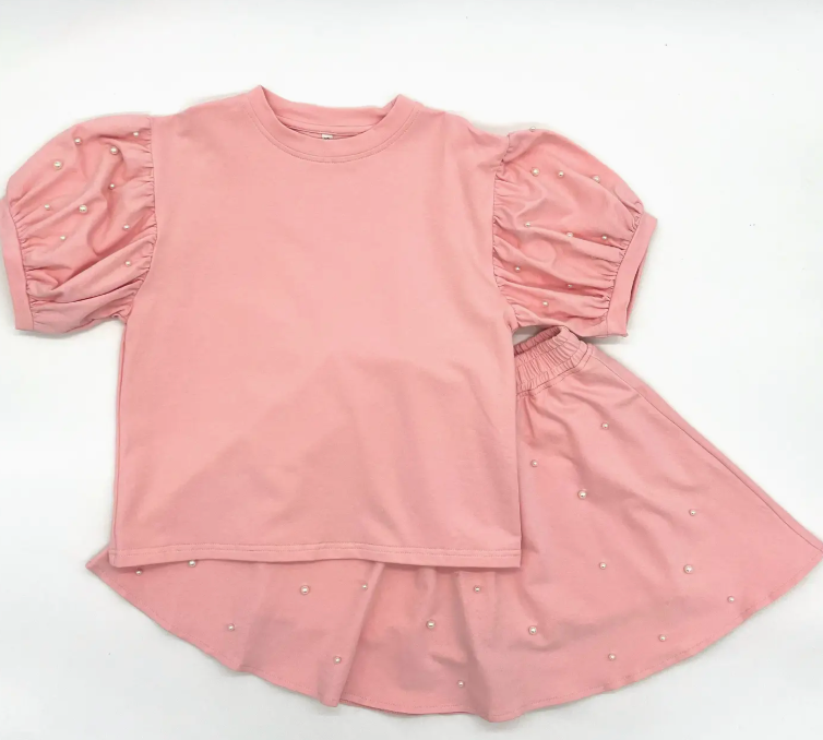 Pink Puff Sleeve Pearl Skort Set