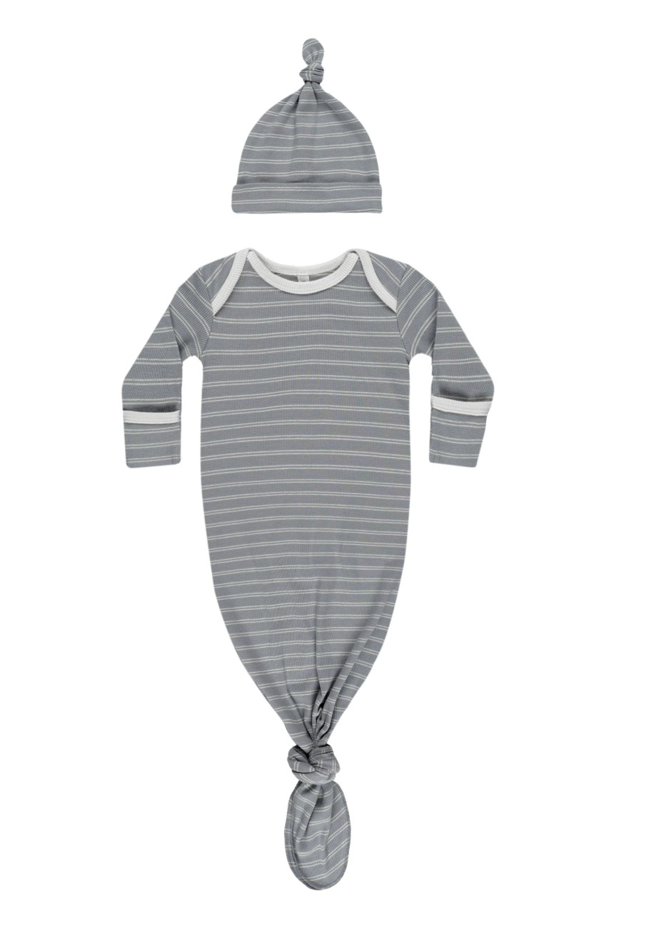 Knotted Baby Gown + Hat Set || Blue Pinstripe