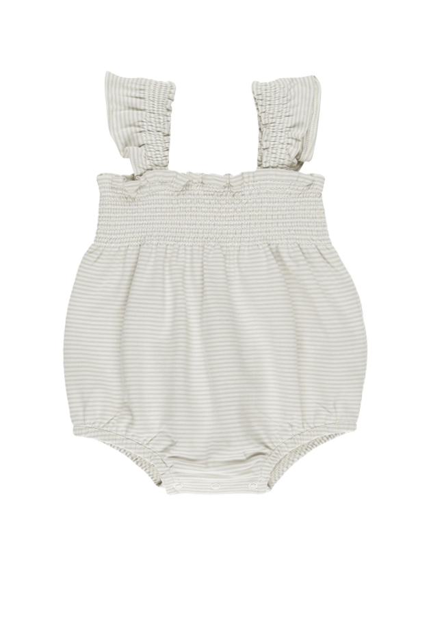 Smocked Ruffle Sleeve Romper || Sky Micro Stripe