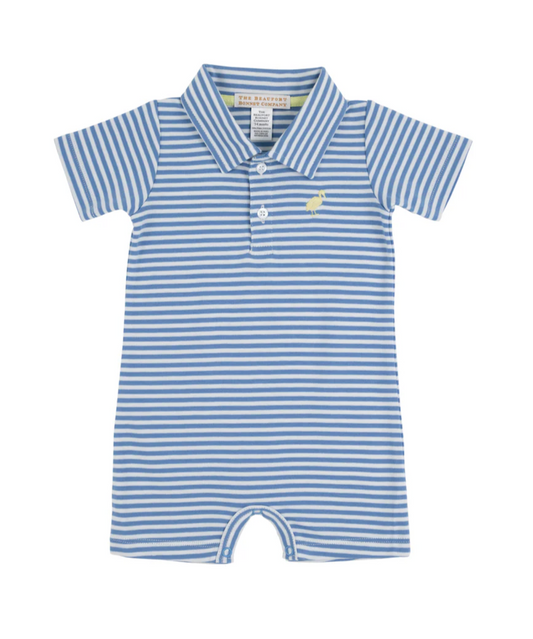 Sir Proper's Romper Barbados Blue Stripe with Bellport Butter Yellow Stork