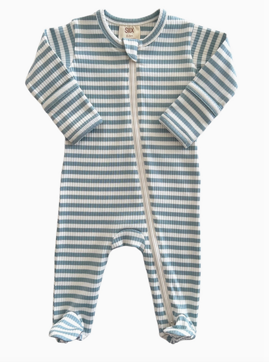 Dusty Blue Stripe / Organic Ribbed Zip Footie