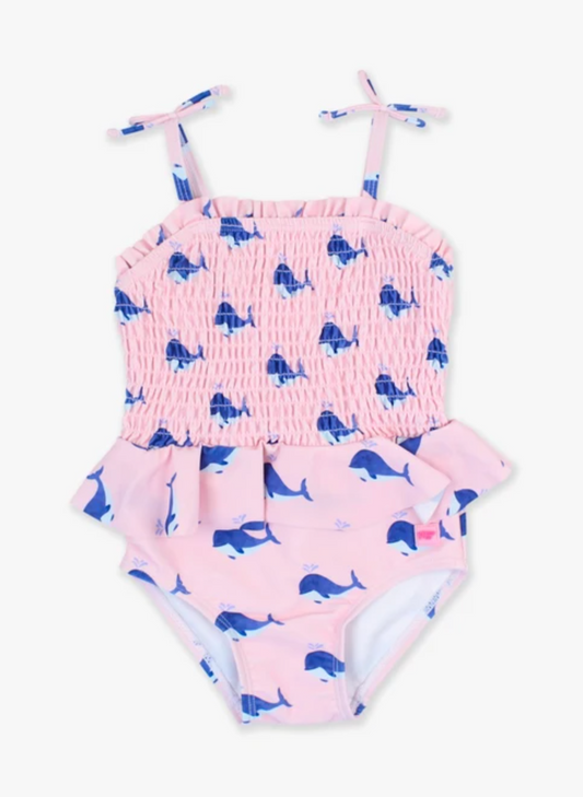 Pink Whale Friends Peplum Smocked Bodice One Piece