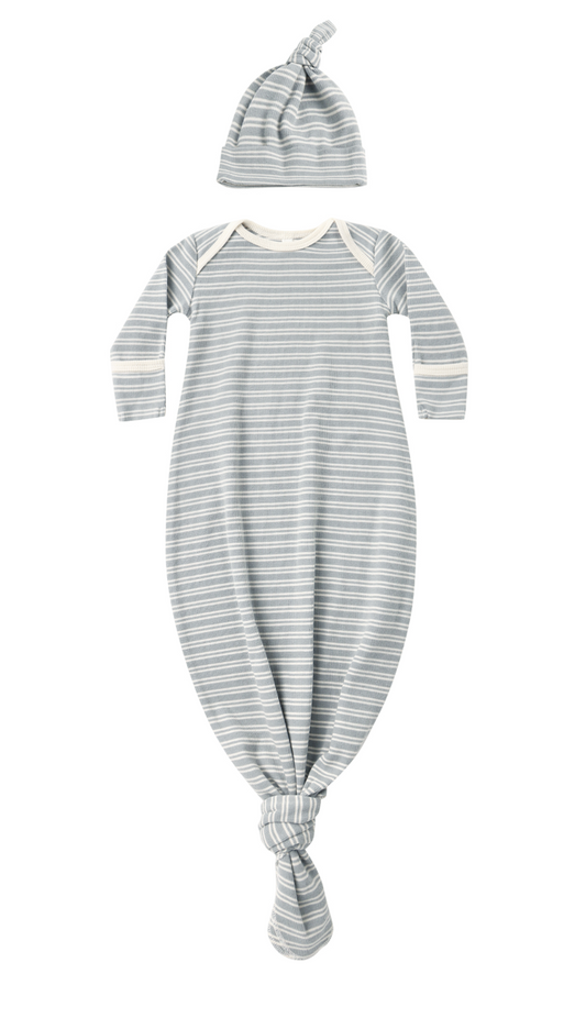 KNOTTED BABY GOWN + HAT SET || STEEL BLUE MICRO STRIPE