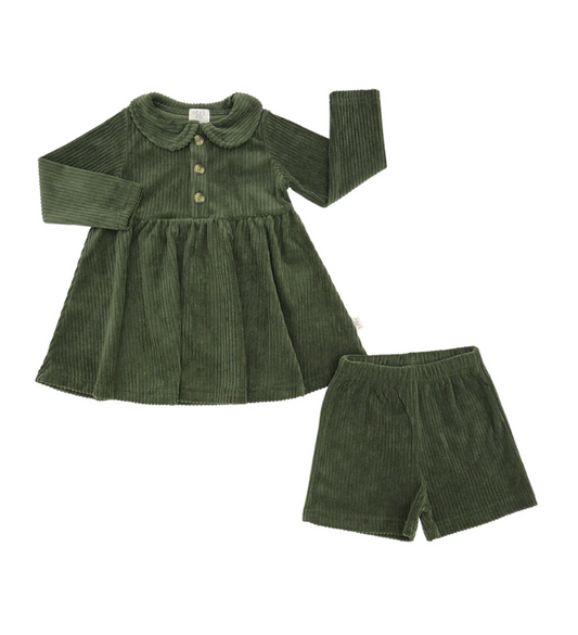 Autumn Evergreen Corduroy Collared Dress