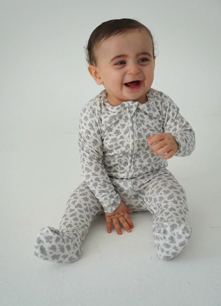 Vintage Blue Floral Bamboo Footie