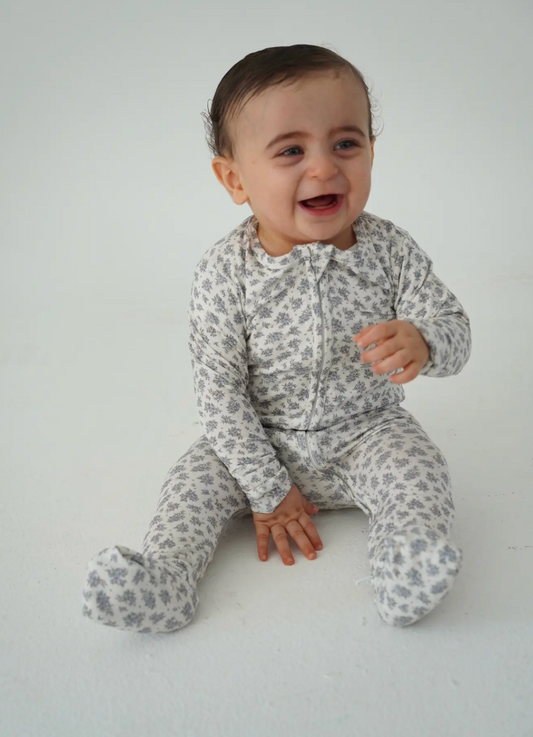 Vintage Blue Floral Bamboo Footie