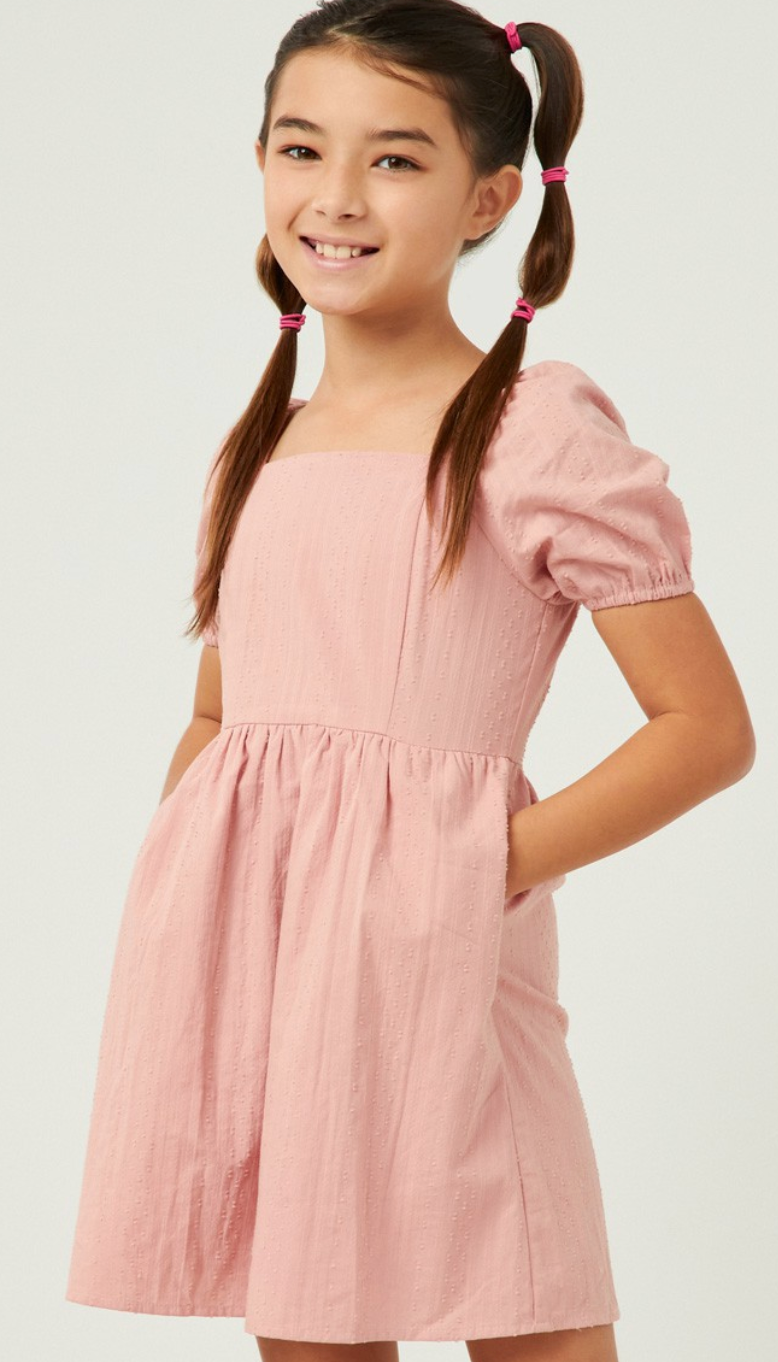 Girls Square Neck Textured Smocked Back Dress