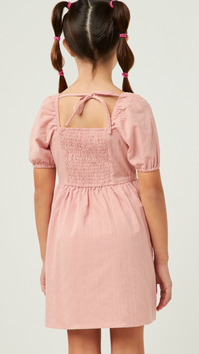 Girls Square Neck Textured Smocked Back Dress