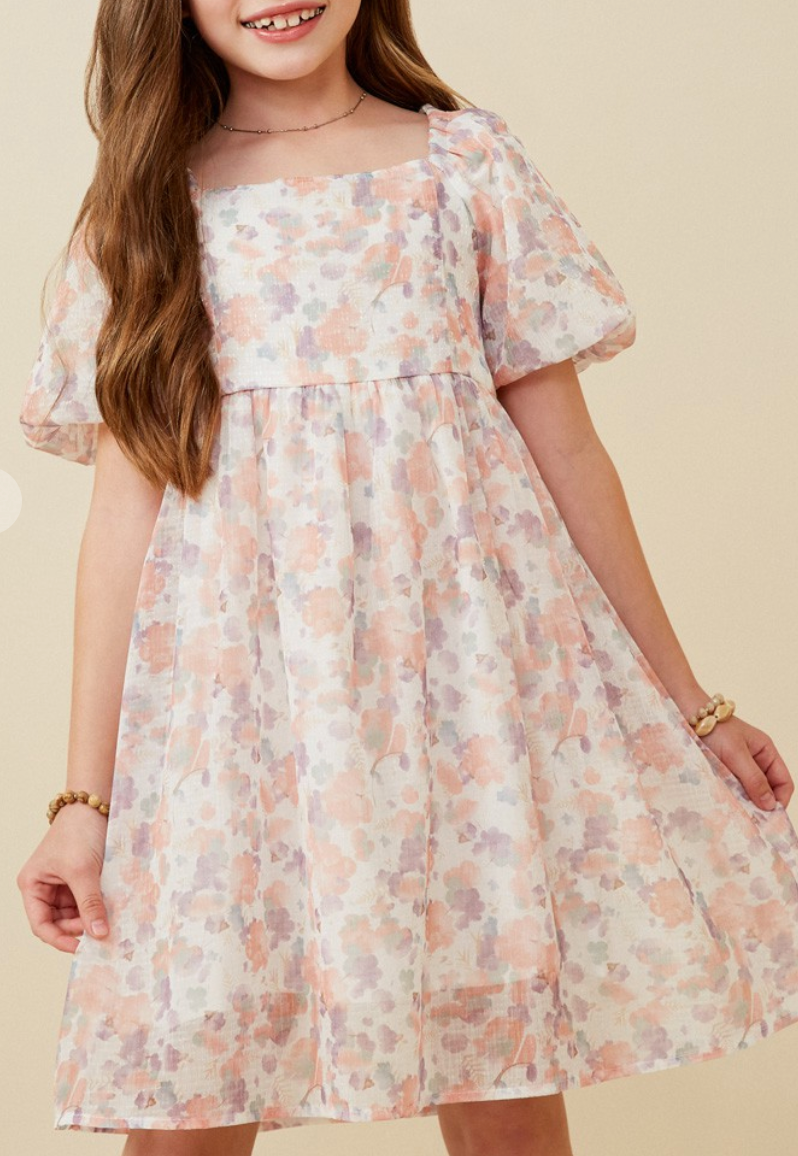 Girls Watercolor Print Smocked Back Trumpet Dress