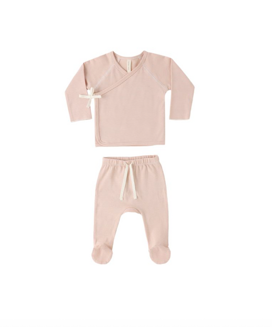 Wrap Top + Footed Pant Set || Melon Micro Stripe