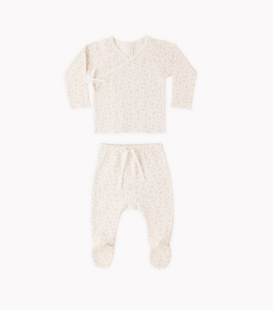 Wrap Top + Footed Pant Set || Oat Micro Stripe