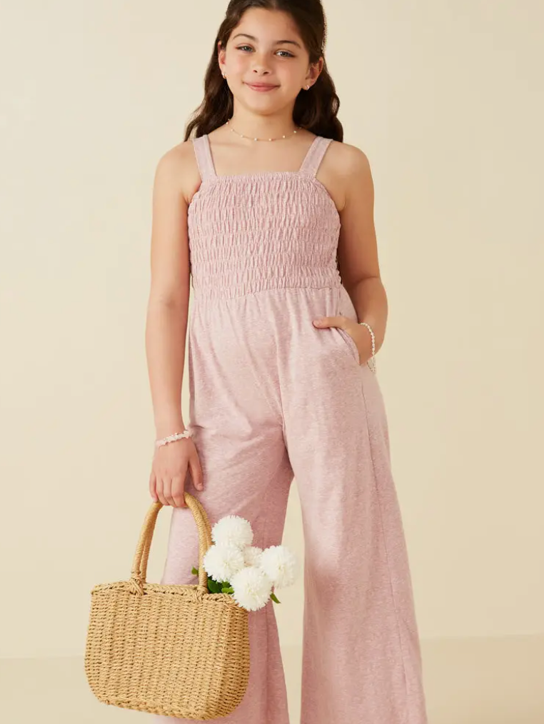 Girls Smocked Strappy Marled Knit Jumpsuit