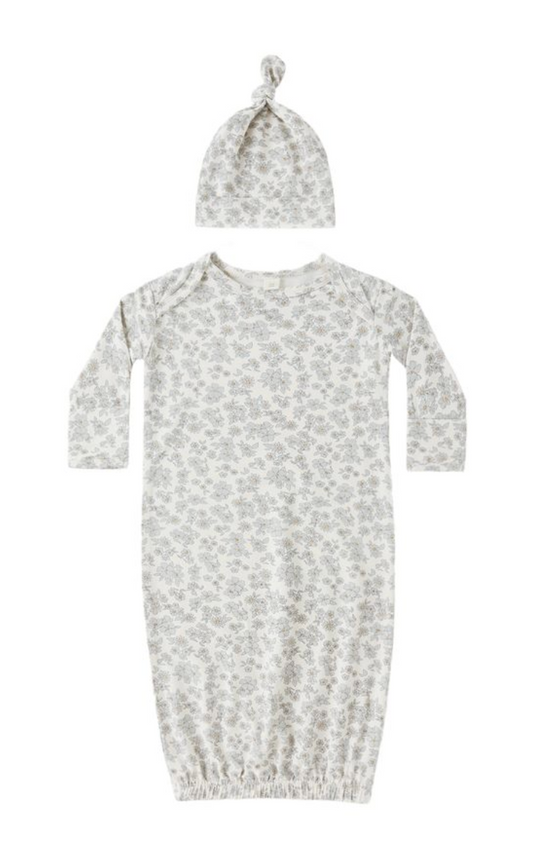 Bamboo Baby Gown + Hat Set || Blue Floral