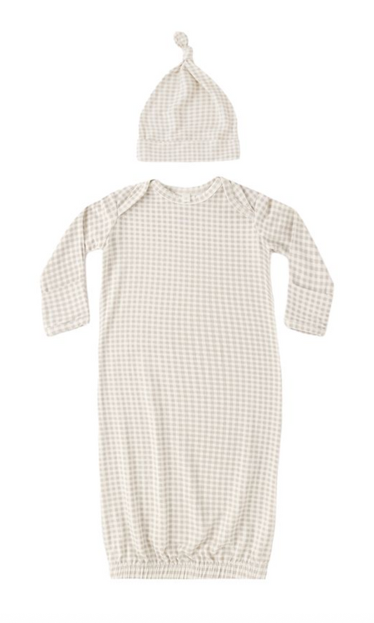 Bamboo Baby Gown + Hat Set || Oat Gingham