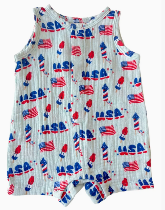Muslin Shortie Romper, 4th of July Blue