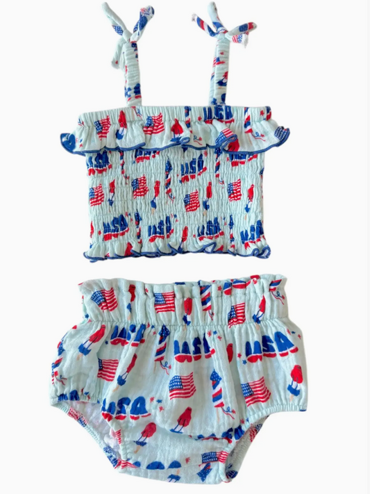 Muslin Smocked Ruffle Top & Bloomer, 4th of July Blue