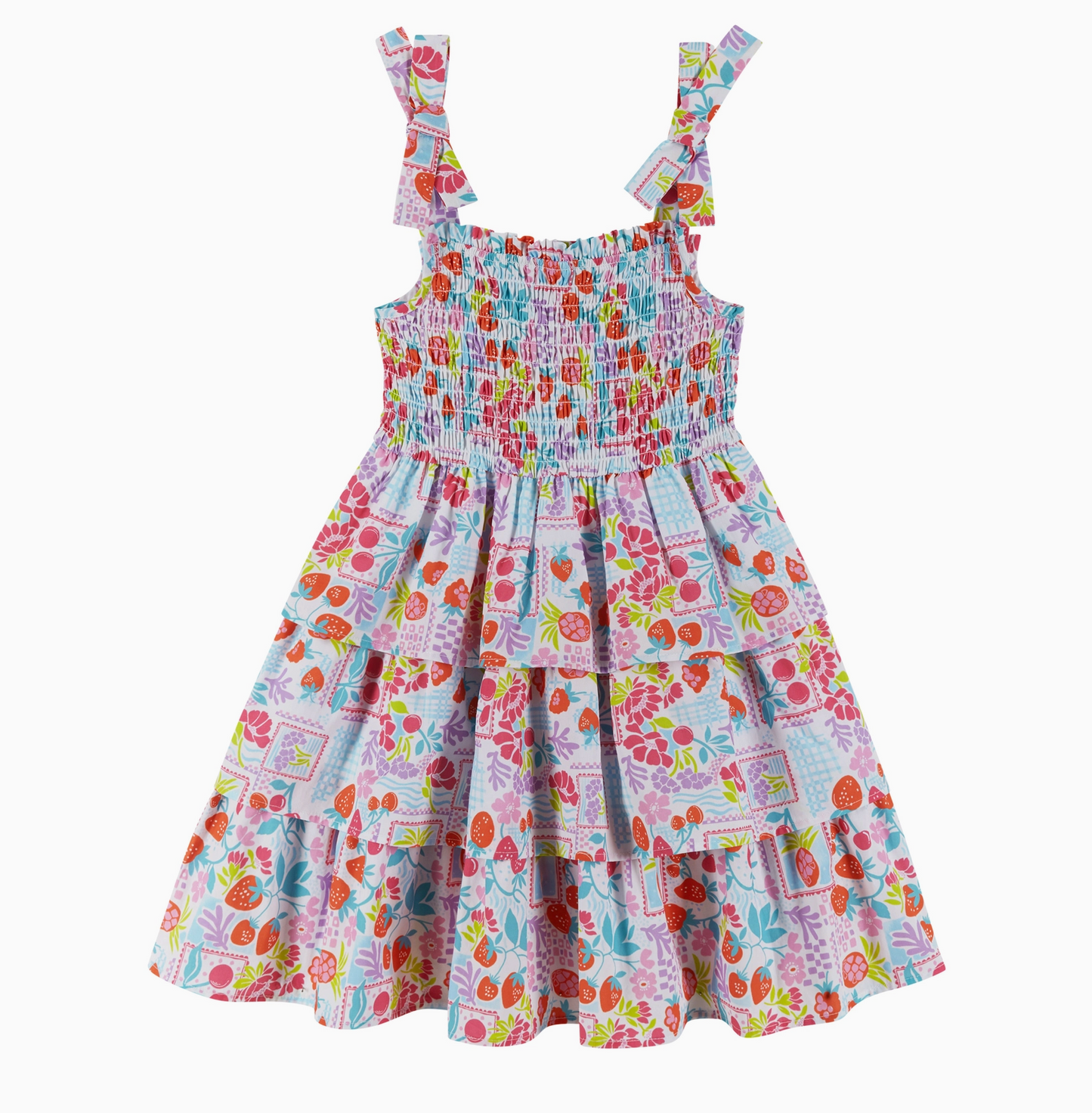 Girls Tiered Poplin Dress | White Strawberry