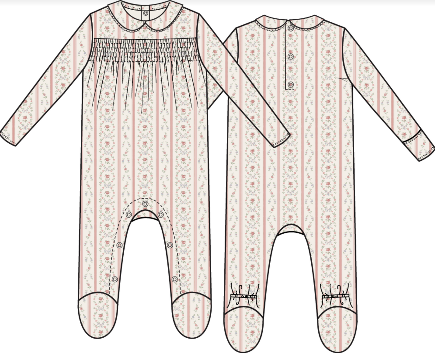 Marnie Rosebud Stripe - Smocked Peter Pan Snap Footie