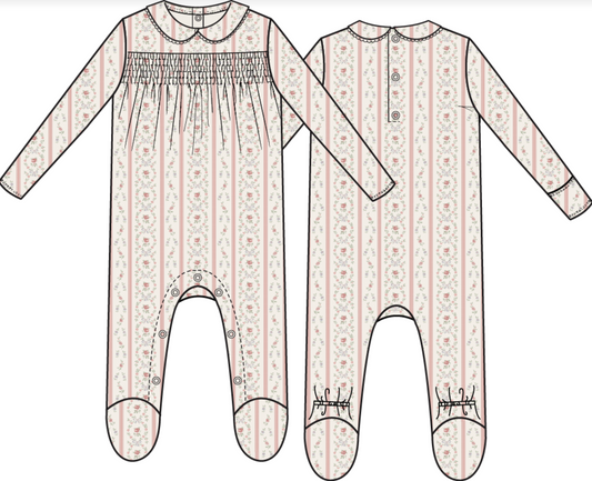 Marnie Rosebud Stripe - Smocked Peter Pan Snap Footie