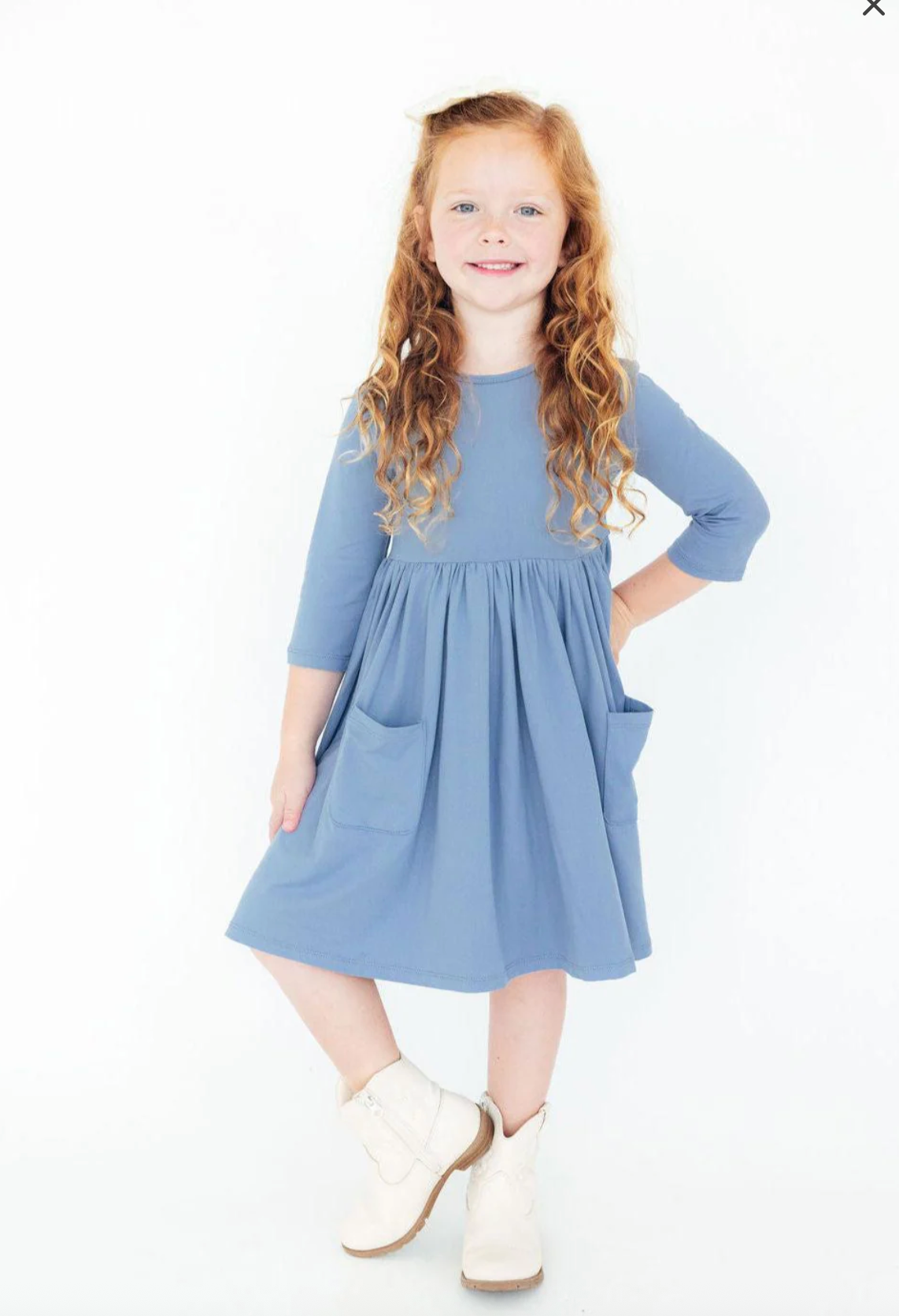 Dusty Blue 3/4 Sleeve Pocket Twirl Dress