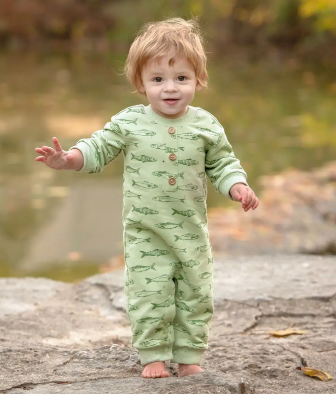 Matthew Long Sleeve Fish Print Straight Leg Romper