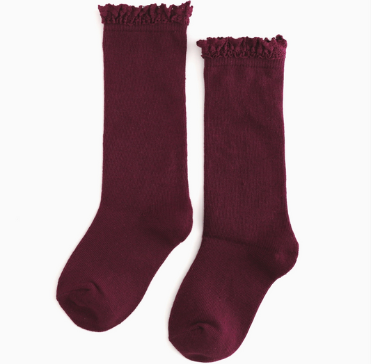 Burgundy Lace Top Knee High Socks