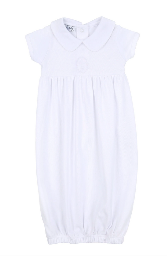 Blessed White Embroidered Collard S/S Gathered Gown